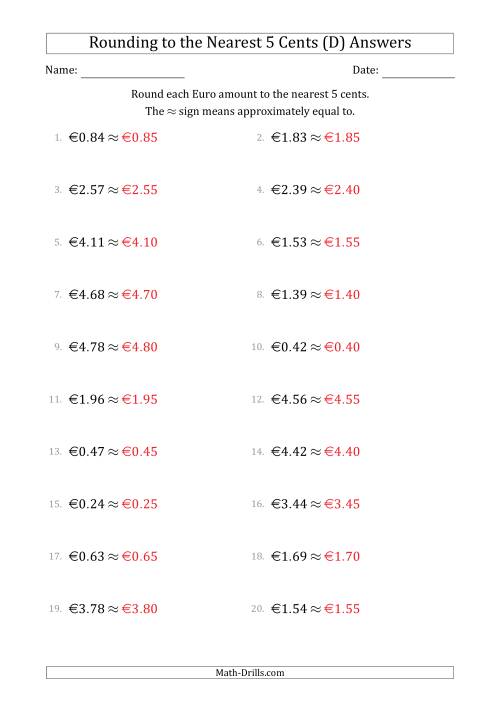 The Rounding Euro amounts to the nearest 5 cents (D) Math Worksheet Page 2