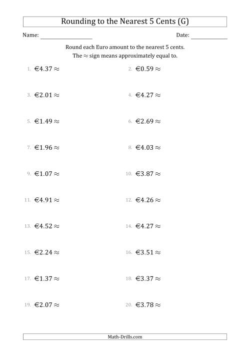 The Rounding Euro amounts to the nearest 5 cents (G) Math Worksheet