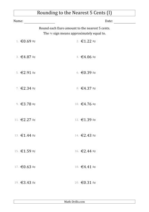 The Rounding Euro amounts to the nearest 5 cents (I) Math Worksheet