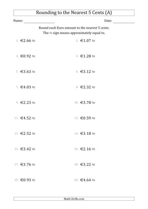 The Rounding Euro amounts to the nearest 5 cents (All) Math Worksheet