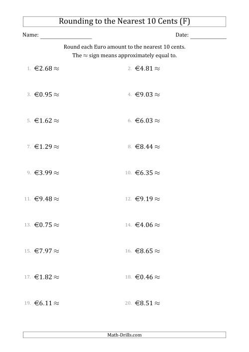 The Rounding Euro amounts to the nearest 10 cents (F) Math Worksheet