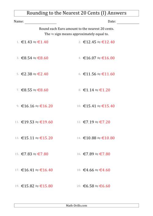 The Rounding Euro amounts to the nearest 20 cents (I) Math Worksheet Page 2
