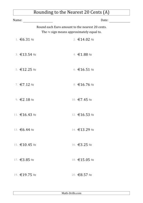 The Rounding Euro amounts to the nearest 20 cents (All) Math Worksheet