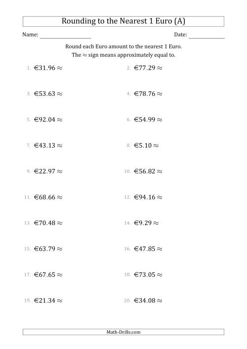 The Rounding Euro amounts to the nearest 1 Euro (All) Math Worksheet