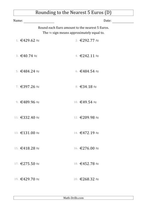 The Rounding Euro amounts to the nearest 5 Euros (D) Math Worksheet