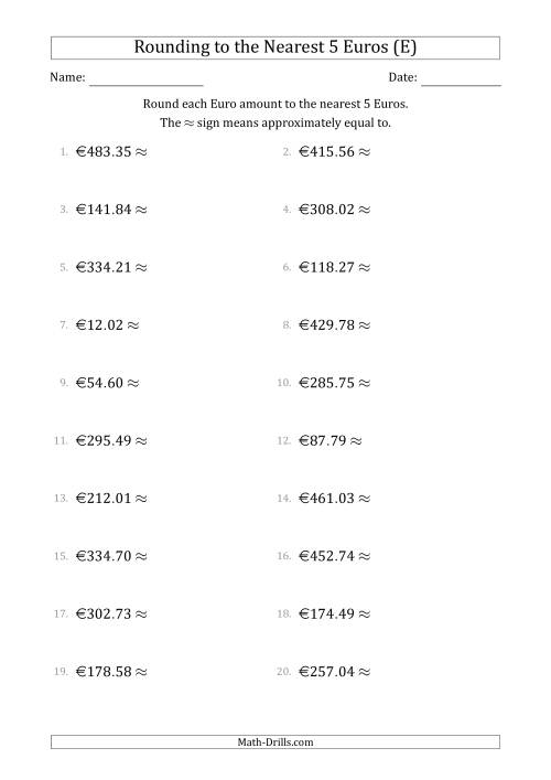 The Rounding Euro amounts to the nearest 5 Euros (E) Math Worksheet