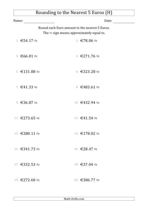 The Rounding Euro amounts to the nearest 5 Euros (H) Math Worksheet
