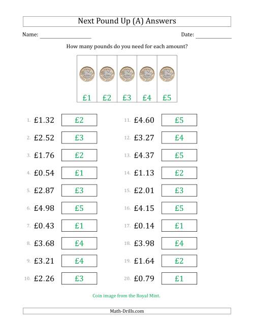 The Next Pound Up Strategy with Amounts to £5 (U.K.) (A) Math Worksheet Page 2