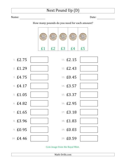 The Next Pound Up Strategy with Amounts to £5 (U.K.) (D) Math Worksheet
