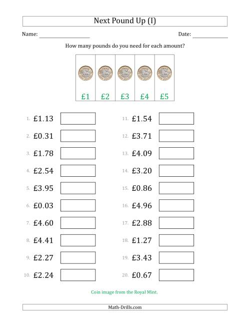 The Next Pound Up Strategy with Amounts to £5 (U.K.) (I) Math Worksheet