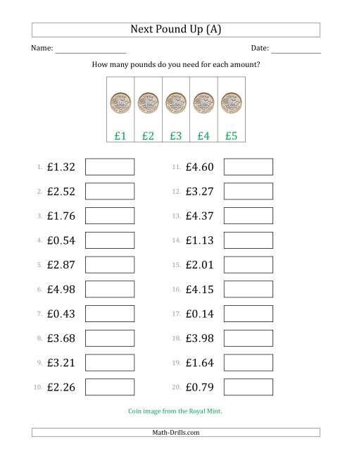The Next Pound Up Strategy with Amounts to £5 (U.K.) (All) Math Worksheet