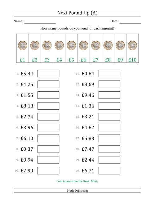 The Next Pound Up Strategy with Amounts to £10 (U.K.) (A) Math Worksheet