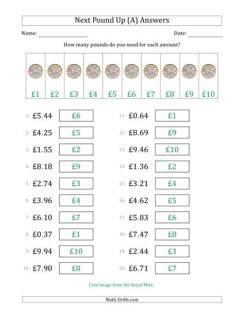 The Next Pound Up Strategy with Amounts to £10 (U.K.) (A) Math Worksheet Page 2