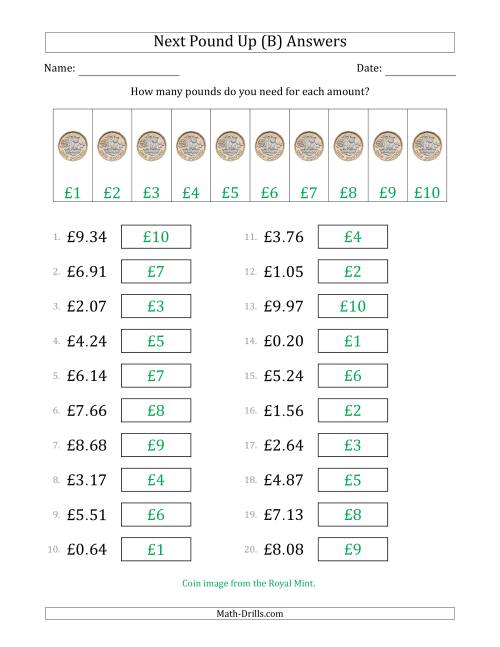 The Next Pound Up Strategy with Amounts to £10 (U.K.) (B) Math Worksheet Page 2