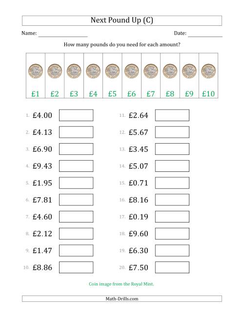 The Next Pound Up Strategy with Amounts to £10 (U.K.) (C) Math Worksheet