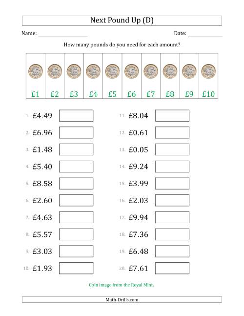 The Next Pound Up Strategy with Amounts to £10 (U.K.) (D) Math Worksheet