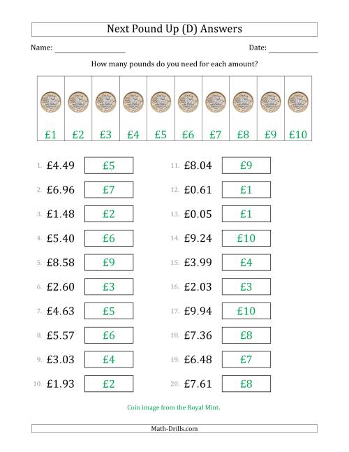 The Next Pound Up Strategy with Amounts to £10 (U.K.) (D) Math Worksheet Page 2