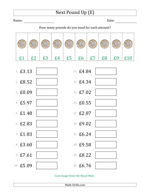 The Next Pound Up Strategy with Amounts to £10 (U.K.) (E) Math Worksheet
