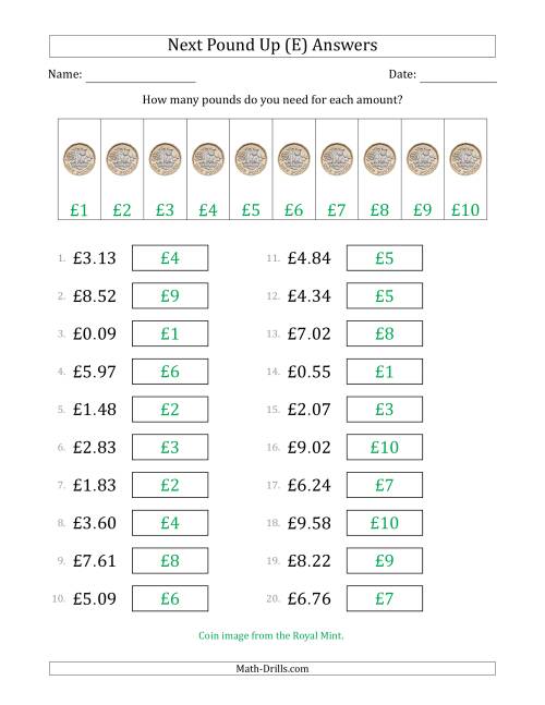 The Next Pound Up Strategy with Amounts to £10 (U.K.) (E) Math Worksheet Page 2