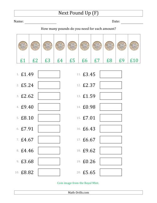 The Next Pound Up Strategy with Amounts to £10 (U.K.) (F) Math Worksheet