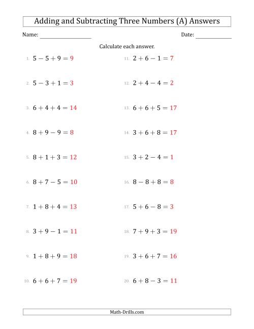 The Adding and Subtracting Three Numbers Horizontally (Range 1 to 9) (A) Math Worksheet Page 2