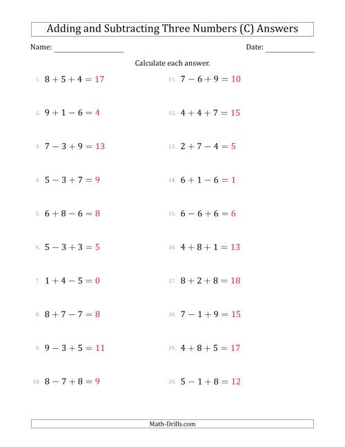 The Adding and Subtracting Three Numbers Horizontally (Range 1 to 9) (C) Math Worksheet Page 2