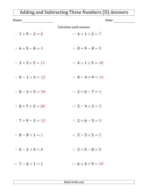 The Adding and Subtracting Three Numbers Horizontally (Range 1 to 9) (D) Math Worksheet Page 2