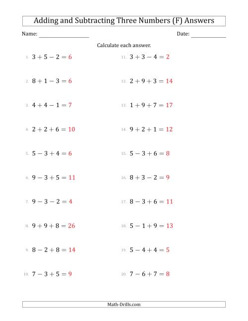 The Adding and Subtracting Three Numbers Horizontally (Range 1 to 9) (F) Math Worksheet Page 2