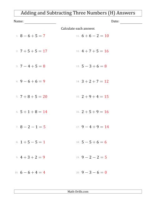 The Adding and Subtracting Three Numbers Horizontally (Range 1 to 9) (H) Math Worksheet Page 2