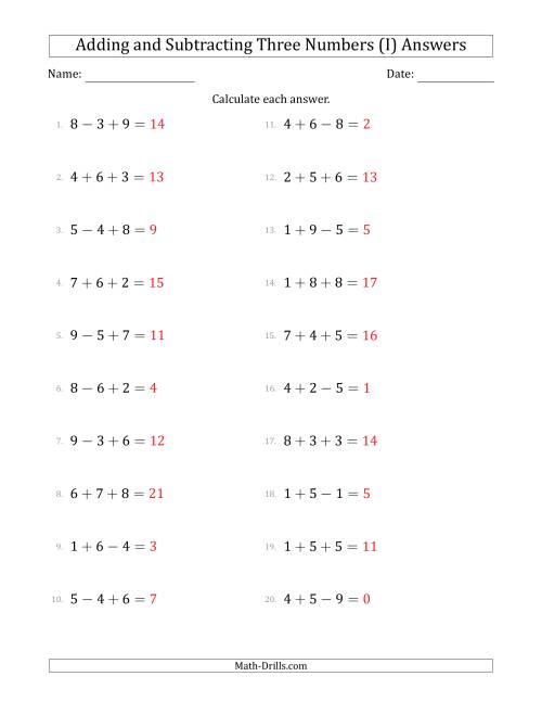 The Adding and Subtracting Three Numbers Horizontally (Range 1 to 9) (I) Math Worksheet Page 2