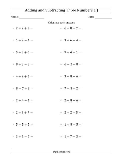 The Adding and Subtracting Three Numbers Horizontally (Range 1 to 9) (J) Math Worksheet
