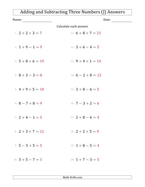 The Adding and Subtracting Three Numbers Horizontally (Range 1 to 9) (J) Math Worksheet Page 2
