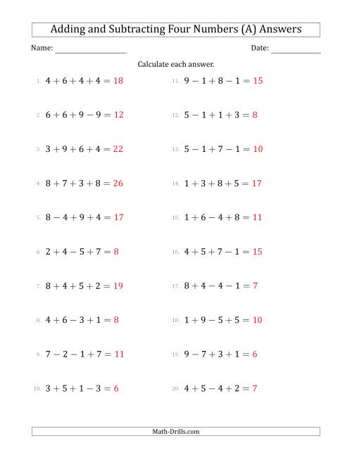 The Adding and Subtracting Four Numbers Horizontally (Range 1 to 9) (A) Math Worksheet Page 2