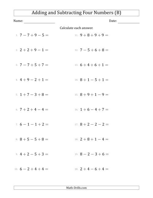 The Adding and Subtracting Four Numbers Horizontally (Range 1 to 9) (B) Math Worksheet