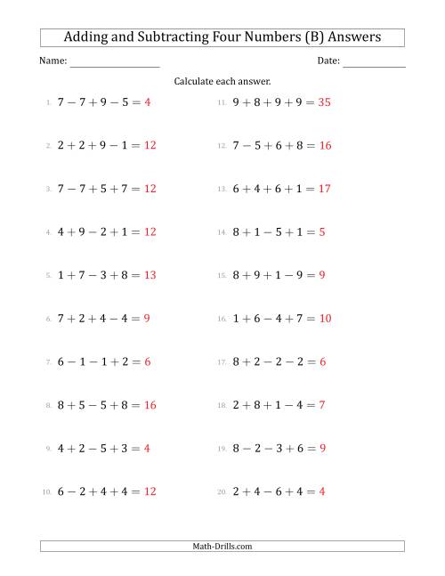 The Adding and Subtracting Four Numbers Horizontally (Range 1 to 9) (B) Math Worksheet Page 2