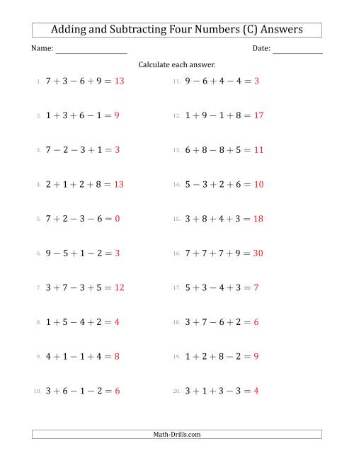The Adding and Subtracting Four Numbers Horizontally (Range 1 to 9) (C) Math Worksheet Page 2