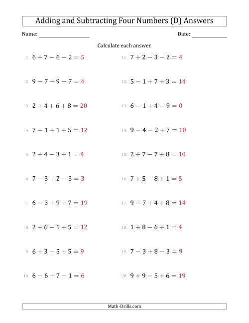 The Adding and Subtracting Four Numbers Horizontally (Range 1 to 9) (D) Math Worksheet Page 2