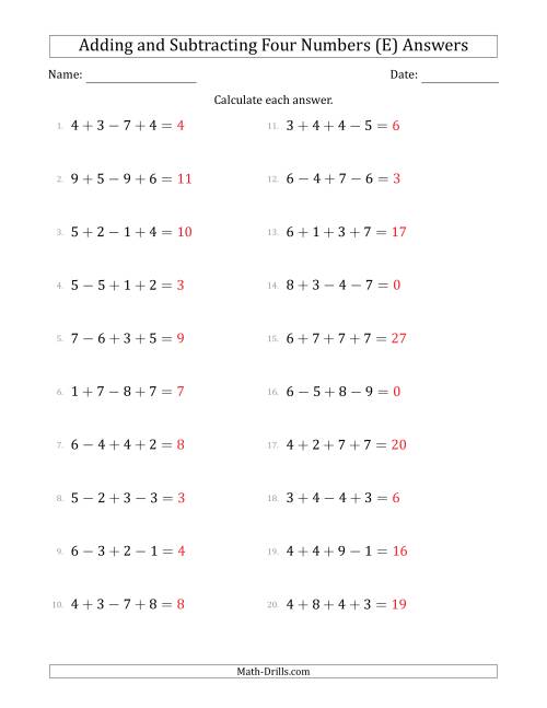 The Adding and Subtracting Four Numbers Horizontally (Range 1 to 9) (E) Math Worksheet Page 2