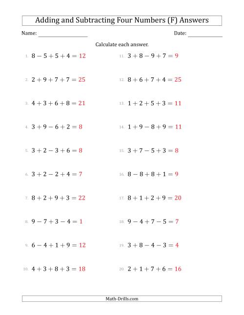 The Adding and Subtracting Four Numbers Horizontally (Range 1 to 9) (F) Math Worksheet Page 2