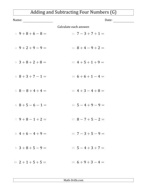 The Adding and Subtracting Four Numbers Horizontally (Range 1 to 9) (G) Math Worksheet