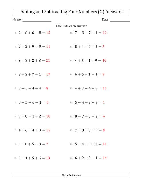 The Adding and Subtracting Four Numbers Horizontally (Range 1 to 9) (G) Math Worksheet Page 2