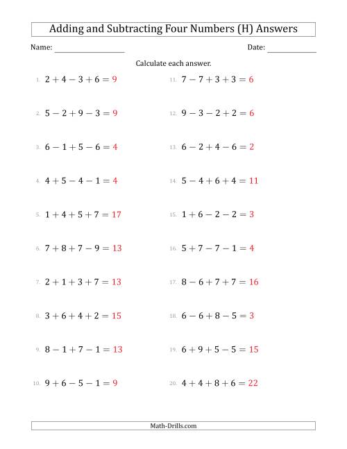 The Adding and Subtracting Four Numbers Horizontally (Range 1 to 9) (H) Math Worksheet Page 2