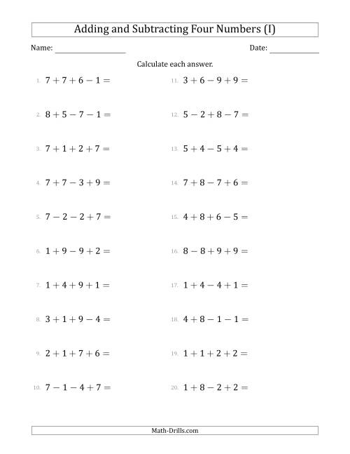 The Adding and Subtracting Four Numbers Horizontally (Range 1 to 9) (I) Math Worksheet