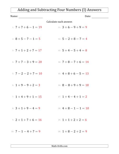 The Adding and Subtracting Four Numbers Horizontally (Range 1 to 9) (I) Math Worksheet Page 2