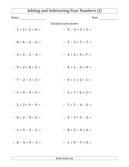 The Adding and Subtracting Four Numbers Horizontally (Range 1 to 9) (J) Math Worksheet