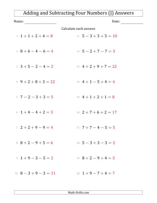 The Adding and Subtracting Four Numbers Horizontally (Range 1 to 9) (J) Math Worksheet Page 2
