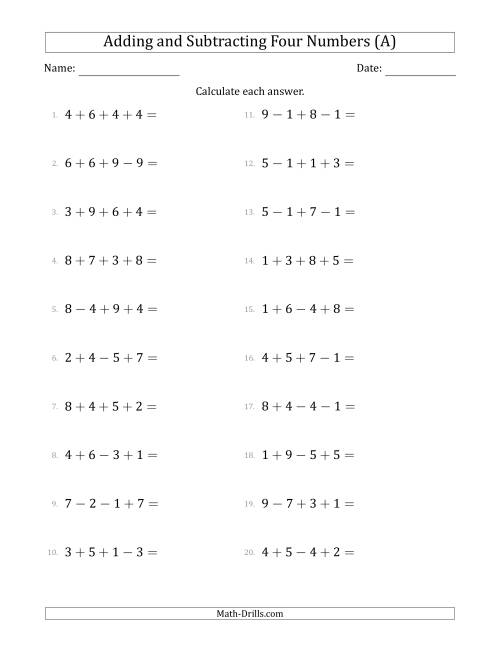 The Adding and Subtracting Four Numbers Horizontally (Range 1 to 9) (All) Math Worksheet