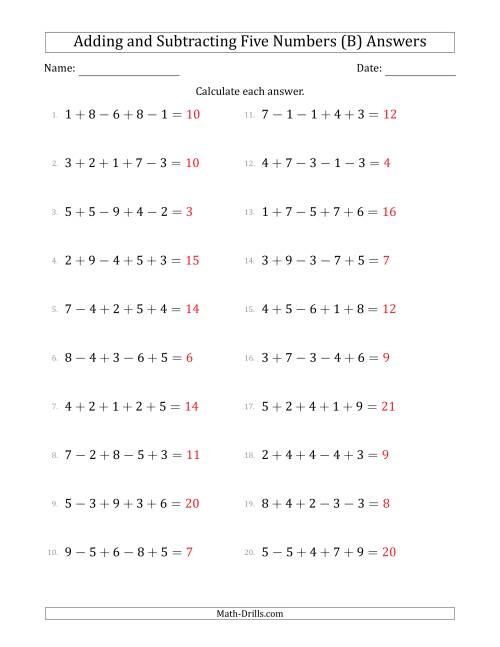 The Adding and Subtracting Five Numbers Horizontally (Range 1 to 9) (B) Math Worksheet Page 2