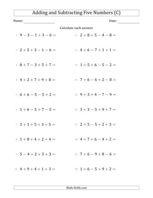 The Adding and Subtracting Five Numbers Horizontally (Range 1 to 9) (C) Math Worksheet