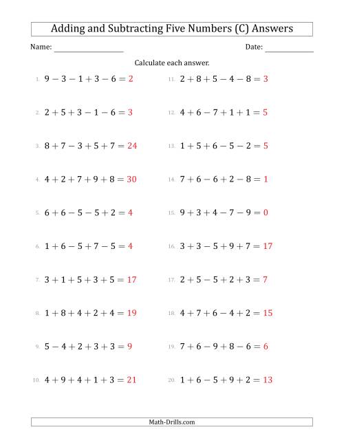 The Adding and Subtracting Five Numbers Horizontally (Range 1 to 9) (C) Math Worksheet Page 2